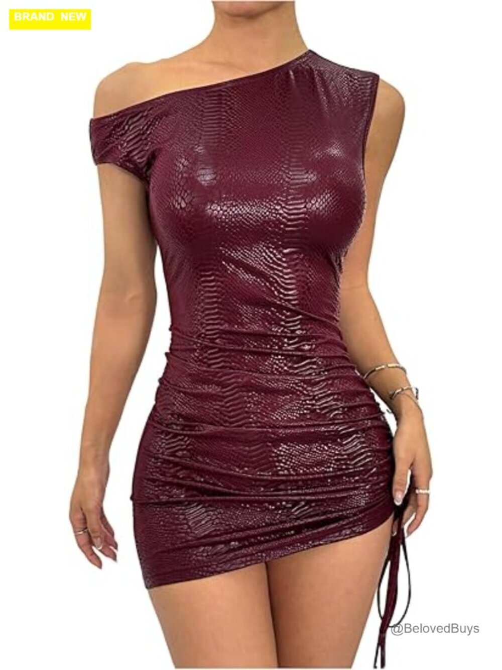 Off Shoulder Pu Leather Mini Dress Sexy Drawstring Ruched Club Dress - Picture 1 of 6